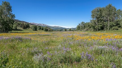 Vibrant Wildflower Meadow Under Bright Blue Sky in Mountain Landscape