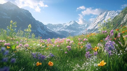 Obraz premium Scenic Mountain Landscape with Blooming Wildflowers in Spring