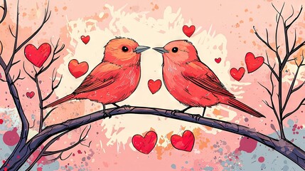   A pair of birds perched on a tree limb beside a heart-filled tree