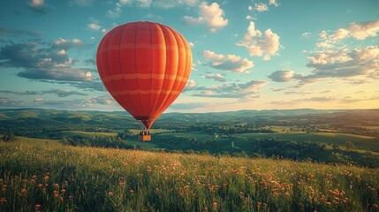 Fototapeta premium Large red balloon over lush green hills in blue sky with fluffy white clouds