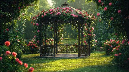 Obraz premium Serene Garden Gazebo Surrounded by Vibrant Blooming Roses
