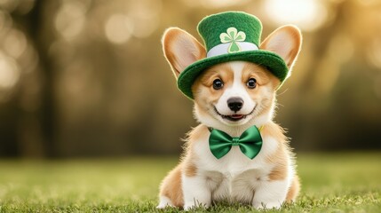 Cute corgi dog celebrating St. Patrick's Day in a leprechaun hat on the meadow. St. Patrick's Day  banner with copy space.