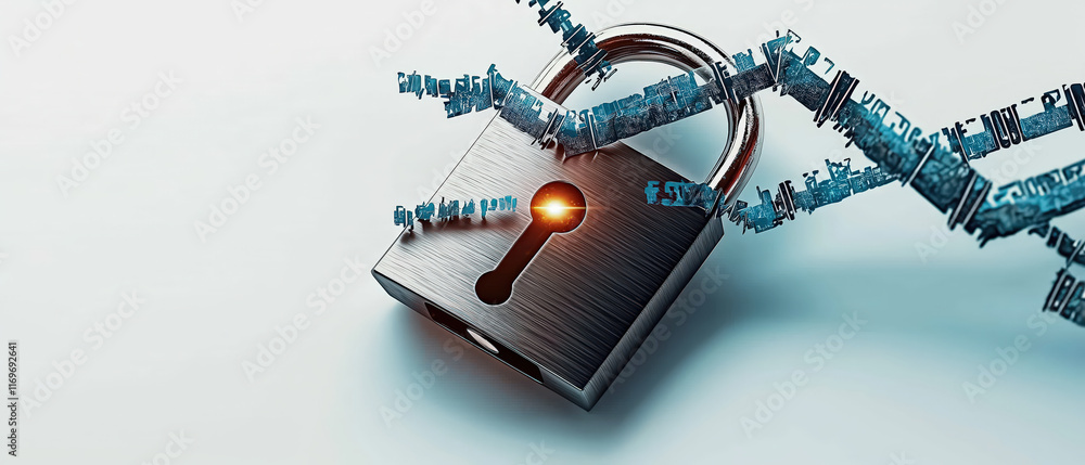 Poster digital padlock with floating data symbols represents cybersecurity