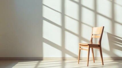 Fototapeta premium Wooden chair without armrests positioned in a bright minimalistic room, sunlight casting soft shadows on the floor,