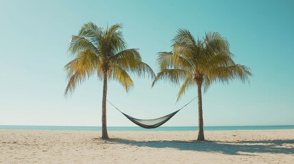 Obraz premium Relaxing Hammock Between Palm Trees on a Tropical Beach Scene