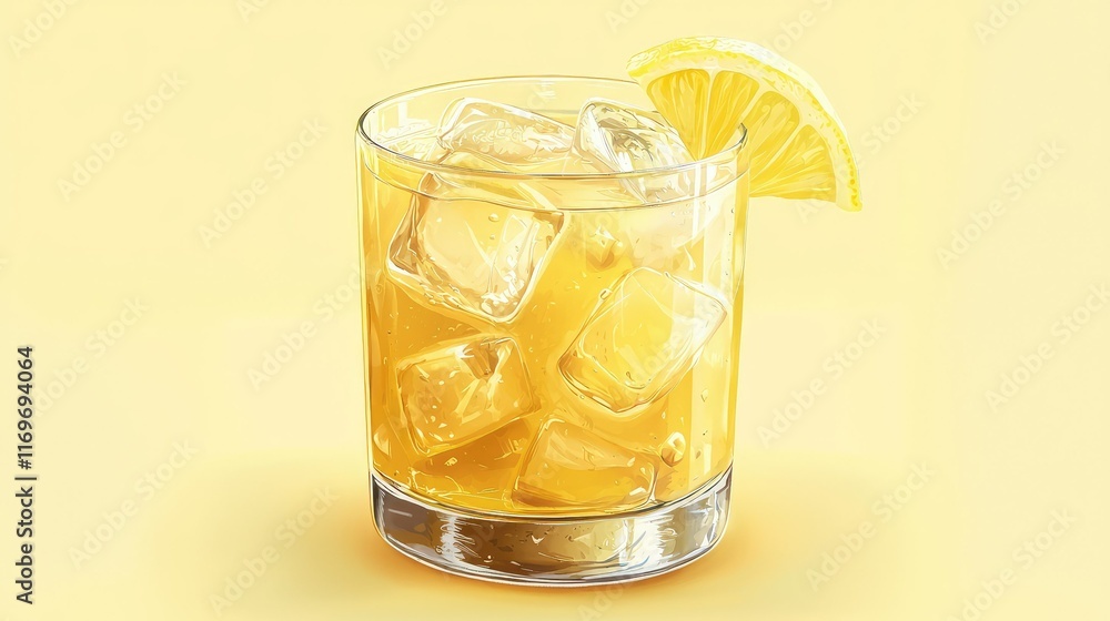 Poster refreshing citrus beverage with ice and lemon slice on yellow background