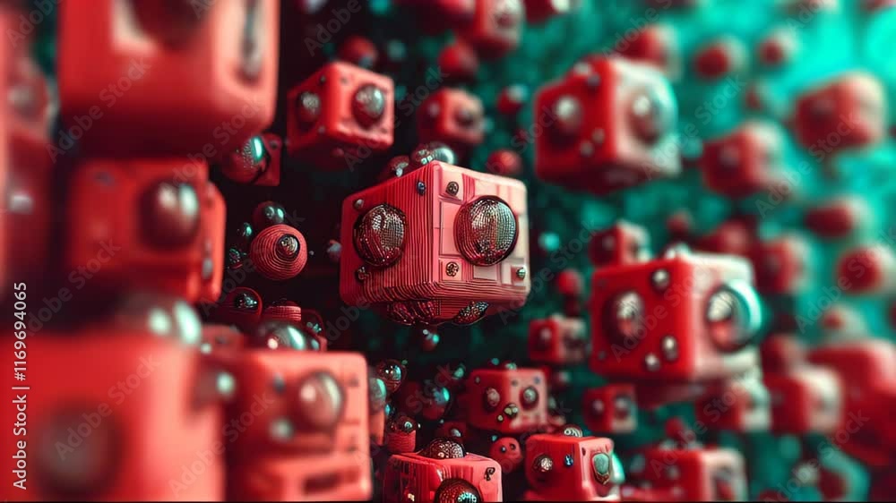 Poster Exploring Vibrant Red Cubes in a Dynamic Digital Environment Filled With Intricate Details