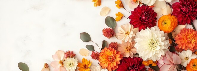 Autumn composition made of beautiful flowers on light backdrop. Floristic decoration.