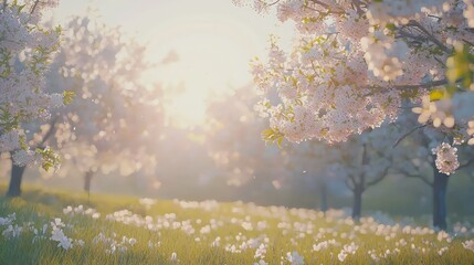 Fototapeta premium Serene Spring Landscape with Blooming Cherry Trees and Soft Light