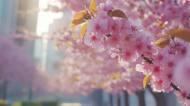 Sakura trees in full bloom in a city park, soft natural light enhancing the pink flowers,