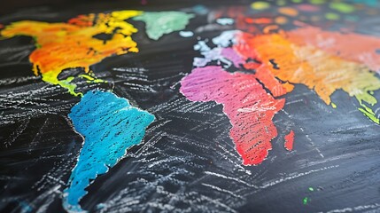 A close-up of a clean chalkboard with a colorful world map drawn in chalk.
