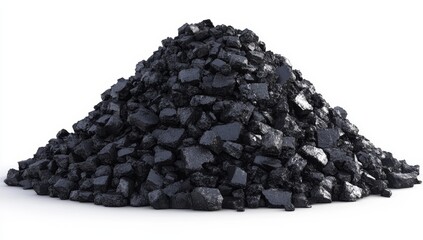 A pile of black coal chunks isolated on a white background, highlighting raw energy resources with a rough texture