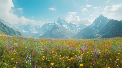 Fototapeta premium Vibrant Wildflower Meadow Against Majestic Mountain Landscape