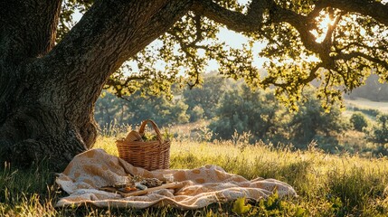 Obraz premium Cozy Outdoor Picnic Setup Under a Majestic Tree at Sunset