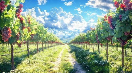 Naklejka premium Lush Vineyard Landscape Under Bright Sky with Fluffy Clouds