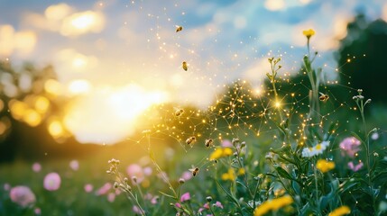 Enchanted Garden with Bees and Sparkling Light at Sunrise
