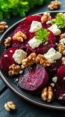 Fototapeta premium Fresh Beetroot Salad with Cheese and Walnuts on Dark Wooden Table