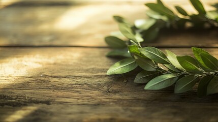 Obraz premium Laurel wreath lying on a rustic wooden table, soft natural lighting, elegant and minimalistic design,