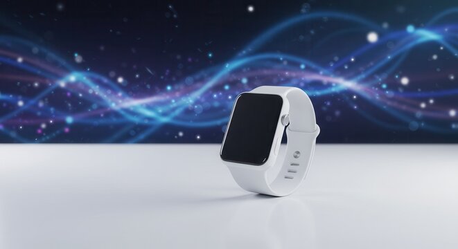 Sleek smartwatch against futuristic digital wave background