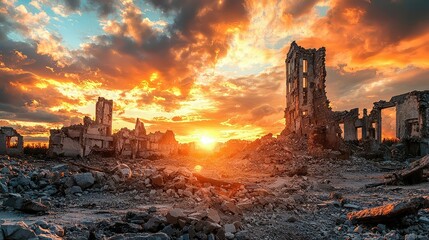 Fototapeta premium Desolate Landscape with Ruins and Dramatic Sunset Overhead