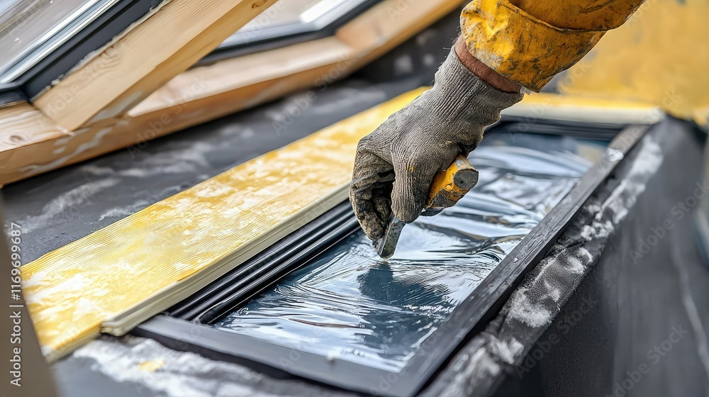 Poster Worker Applying Sealant to Skylight Frame in Construction Project