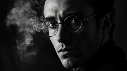 Fototapeta premium Strict portrait of a man in black and white tones, strong shadows and contrast, studio lighting