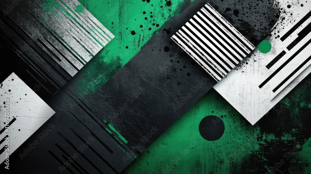 Poster Intricate Black and White Pattern with Green Elements Creating a Striking Mixed Background