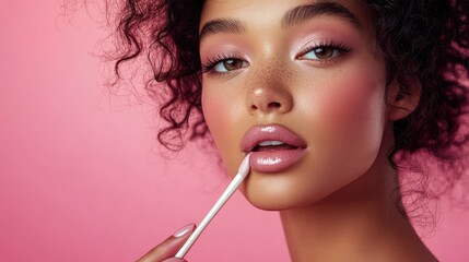 Beauty Portrait Emphasizing Pink Manicure and White Lip Gloss
