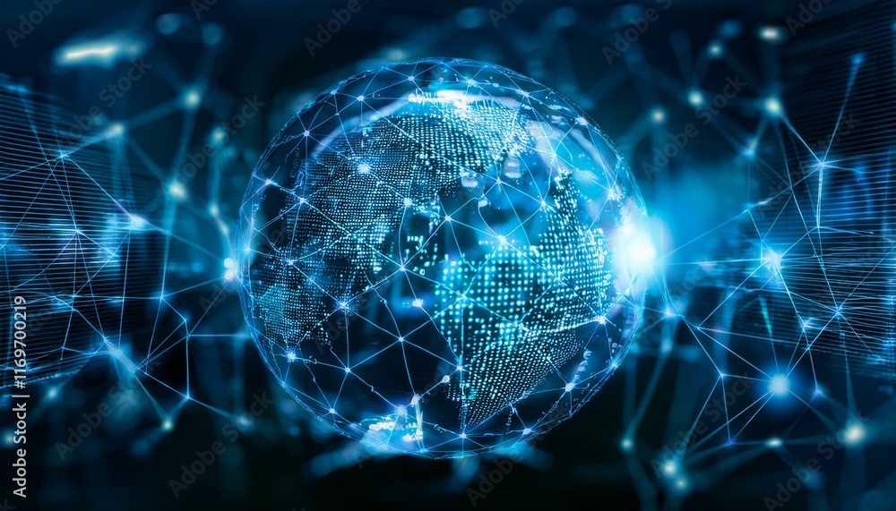 Poster global network connection: a mesmerizing digital rendering of earth, enveloped in a vibrant network 