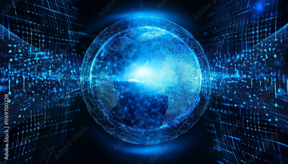 Poster global network connection: futuristic digital earth glowing in a vibrant blue, encased within a comp