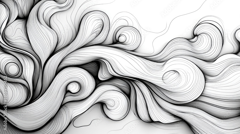 Poster elegant black and white line patterns forming a flowing abstract design with fluid shapes and curves
