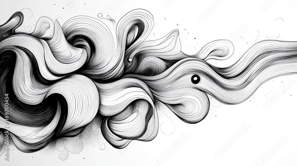 Poster elegant black and white line patterns forming a flowing abstract design with fluid shapes and curves