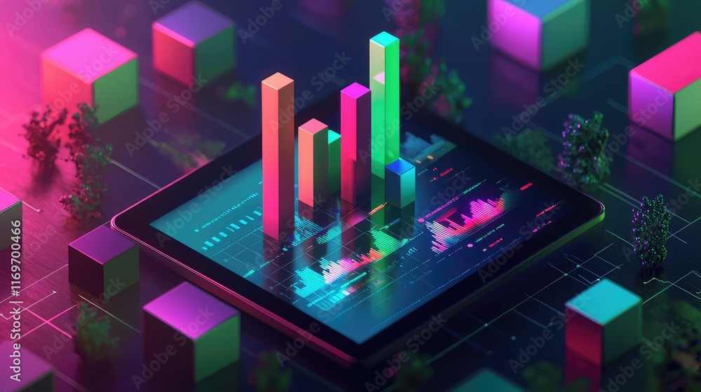 Aufkleber modern data analysis with colorful bar graphs on digital tablet