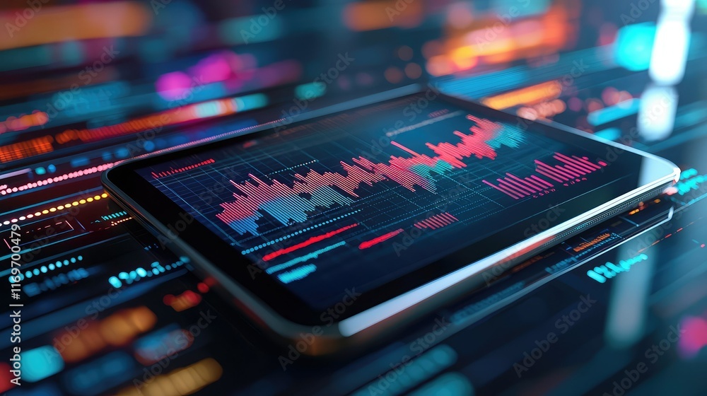 Poster digital tablet displaying colorful data visualization on screen
