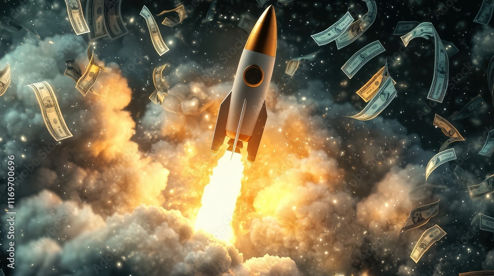 Poster rocket launching into space with money and clouds in background
