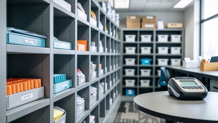 Organized office storage room with labeled shelves and supplies