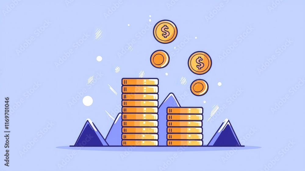 Poster stacked coins with floating currency on a colorful background