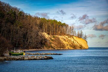 Orlowo cliff and sandy beach on the coast of the Baltic Sea in Gdynia
