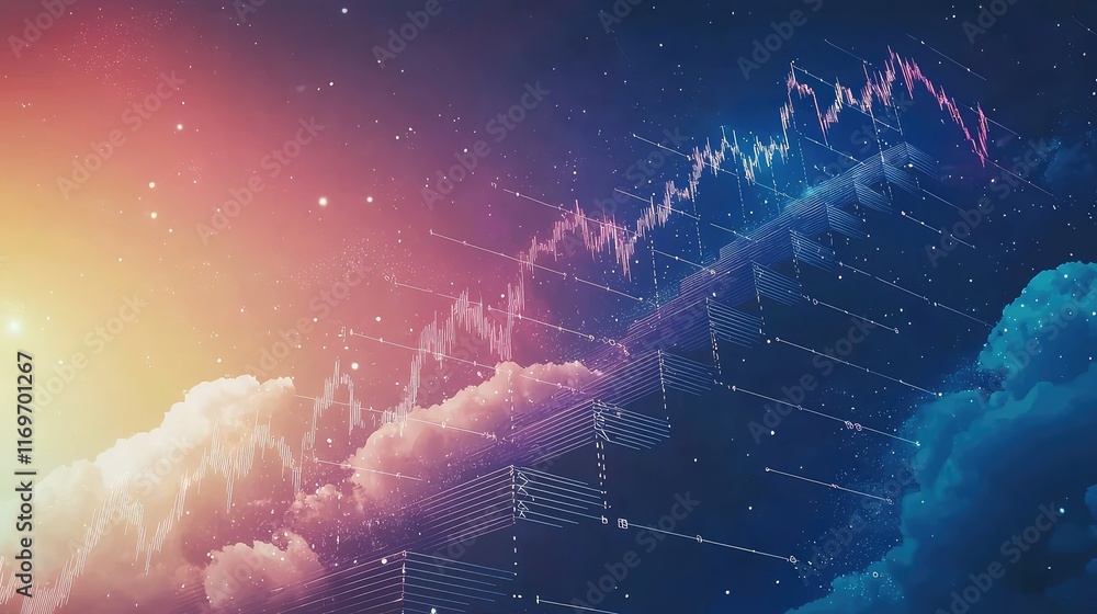 Poster abstract financial growth chart with clouds and starry background