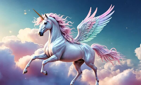 Majestic Winged Unicorn Soaring Through Dreamy Clouds