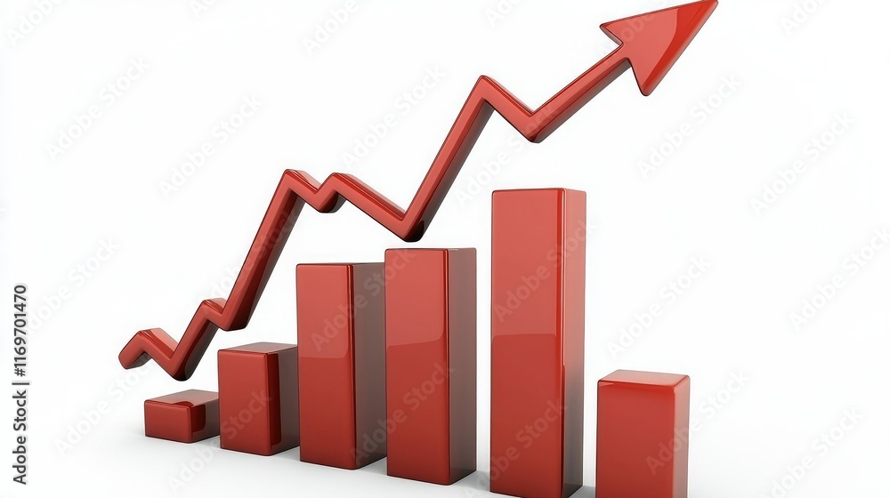 Poster red bar graph with arrow indicating growth and progress in business