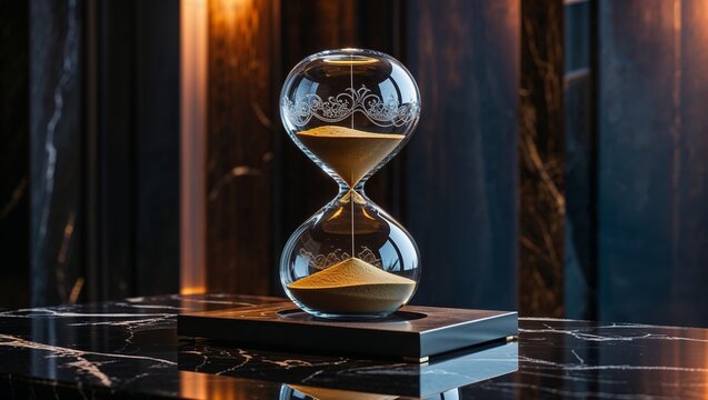 Decorative hourglass with gold sand on black marble surface - Powered by Adobe
