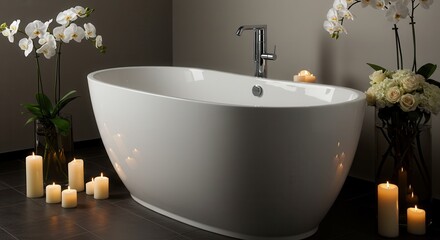 Elegant modern bathroom with freestanding tub and candlelit ambiance