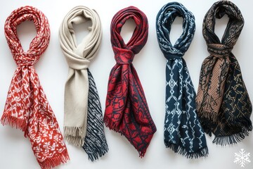 Patterned winter scarf arranged on a solid white background, highlighting intricate designs
