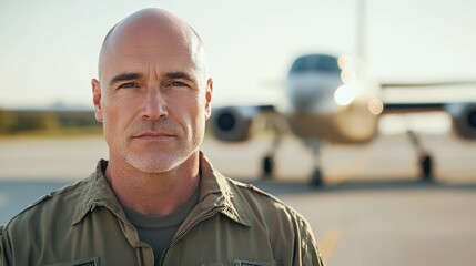 Middle aged man with a bald head, dark eyebrows, and a strong jawline, wearing a pilot uniform, standing confidently in front of an airplane on the tarmac, clear sky, bright natural lighting