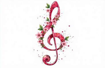 Colorful treble clef design with flowers and artistic splashes on a white background