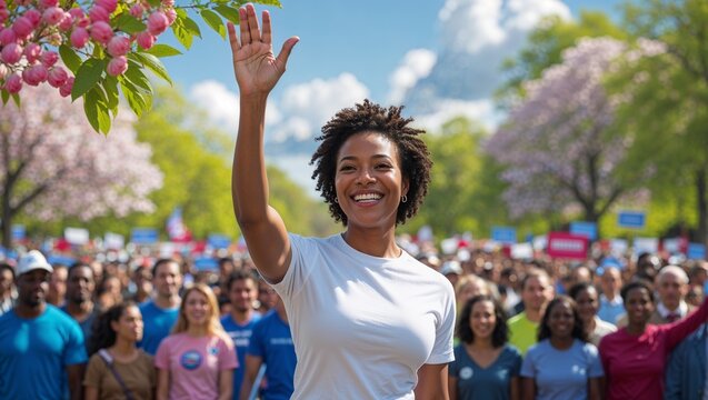 Smiling woman waving at outdoor gathering with cherry blossoms
