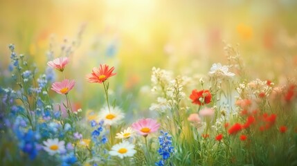 Sunny spring field with wildflowers and an American flag, natural lighting and vibrant outdoor atmosphere, clean composition,