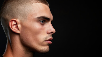A striking profile portrait of a young man with a stylish halfshaved head and trendy hairstyle, showcasing confidence.
