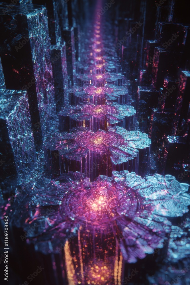 Poster abstract fractal cityscape - glowing structures